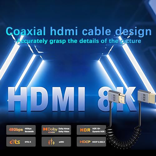 Duttek Coiled HDMI Cable1 FT-1.5FT 8K 60fps, 4K 120fps, Extremely Thin Left Angle to Right Angle HDMI Coiled Cable Short 480Gbps for ATOMOS Ninja V Sony A7siii Canon C300 C500 Ronin RS2 Monitor Camera