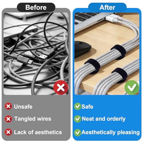 XANGNIER 50 Pair Cable Management Under Desk,Adjustable Hook and Loop Cable Ties,Self Adhesive Cord Organizer,Reusable Cord Straps for PC Computer Wire Organizer,Home Office Essentials