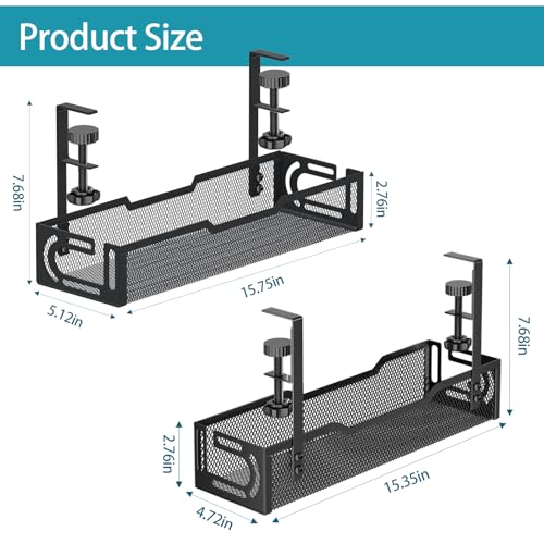 2Pack Under Desk Cable Management Tray, No Drill Mesh Desk Cable Tray, Wire Management Tray Cable Management Rack, Wire Organizer and Cable Management Box (Black) - color: 2Pack-Black (15.3''+15.7'')
