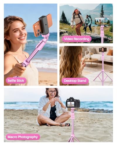 67" Phone Tripod, MIIASI Extendable Tripod for iPhone, Selfie Stick with Remote and Phone Holder, Compatible with iPhone/Android/Camera, Light Stand - color: Pink