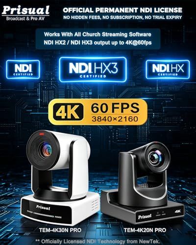 Prisual Ultra 4K PRO NDI PTZ Camera Gen 5, 30x Optical Zoom, 1/1.8" UHD CMOS 8.42MP, 4K 60P AI Tracking, HDMI SDI USB3.0&2.0 for Church, Freed Support(Official NDI 6 & NDI HX3 Certified)TEM-4K30N PRO - color: White