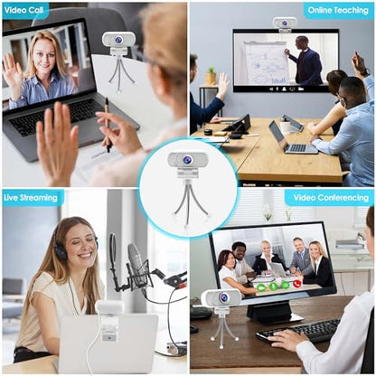 Webcam with Tripod Privacy Shutter: 1080P FHD Web Camera with Mic, Plug & Play USB A USB C Webcam with Stand, White Wide Angle Noise-Canceling Microphone Compact Web Cam for Online Meeting Classes - style: White USB-C Webcam Cover & Tripod