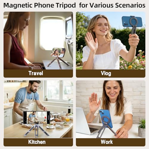 Magnetic Phone Tripod Stand for iPhone iPad, Aluminium Portable Phone Tablet Holder with Carabiner Smartphone Mini Tripod Stand Strong Magnet Compatible with iPhone 17 16 15 14 13 12 iPad Series