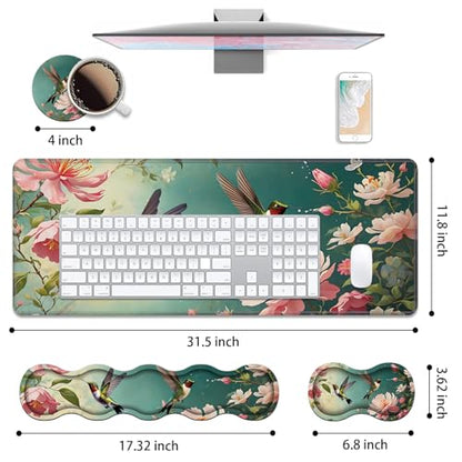 4 in 1 Ergonomic Keyboard Wrist Rest & Mouse Pad Wrist Rest Set, Large XXL Gaming Desk Mat 31.5"x 11.8" with Non-Slip Base, Memory Foam for Home Office Study Gaming, Hummingbird Flowers - color: Hummingbird Flowers