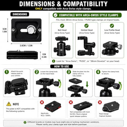 Frienda 2 Pieces Metal Quick Release Plate with 1/4''-20 Camera Screw Tripod Mount Plate Fits Standard for DSLR Camera Tripod Ball Head(Black,Pu50) - color: Black, style: PU50