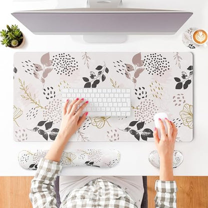 QIYI Leather Desk Mat Set, 4-in-1 Large Mouse Pad with Ergonomic Wrist Rest, Waterproof Desk Pad + Keyboard Wrist Rest + Mouse Wrist Support+Coaster, Non-Slip Office Gaming Accessories, Botanical Leaf - color: Botanical Leaves