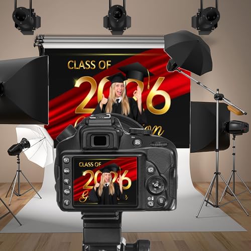 10x8ft Class of 2026 Graduation Backdrops for Photography Black Gold Red Streamer Bachelor Hat Photo Background Grad Congrats Party Banner Background Prom Party Supplies Decorations - size: 10x8ft
