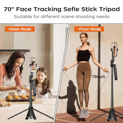 70.9" Auto Face Tracking Selfie Stick Tripod for iPhone Android, No App, 360°Rotation Tripod that Follows Your Movement with Remote Control for Live Streaming, TikTok, YouTube