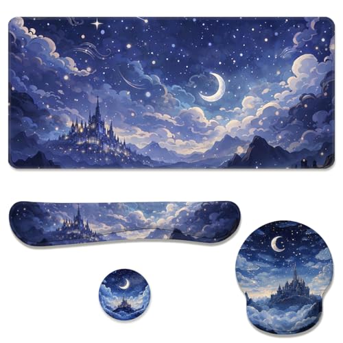 Moonlit Castle Desk Mat Set Dream Night Sky Large Mouse Pad with Wrist Rest 4in1 Desk Mat for Desktop Ergonomic Computer Desk Arm Wrist Anti-Slip Computer Ergonomic Mouse Pad Home Office Gaming - color: Moonlit Castle