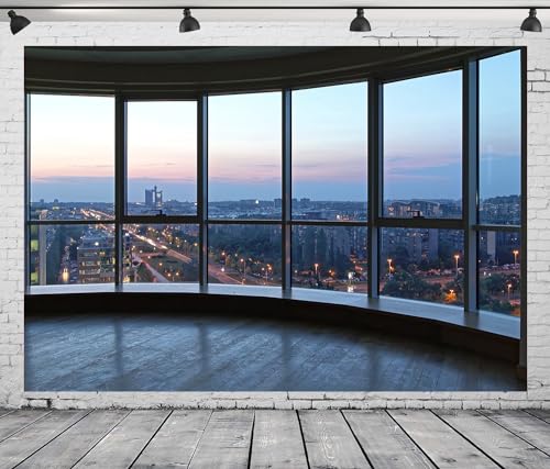 7x5 FT Modern Office Backdrop Window City Podcast Background Office Wooden Floor Online Video Conference Backdrops Portrait Photography Decorations Photo Booth Props - size: 7x5 FT