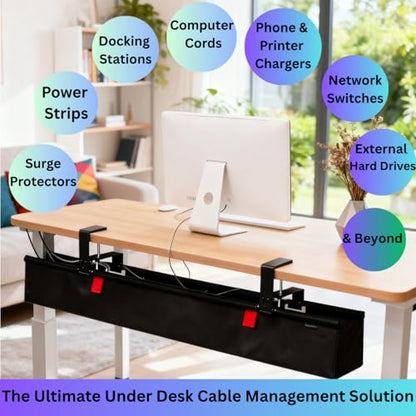 Under Desk Cable Management Tray, 48" Extra Large No Drill Cord Organizer with Easy to Clean Oxford Fabric, Clamp On Power Stripe Holder for Office, Home Office & Gaming Space - size: Extra Large (48 inch)