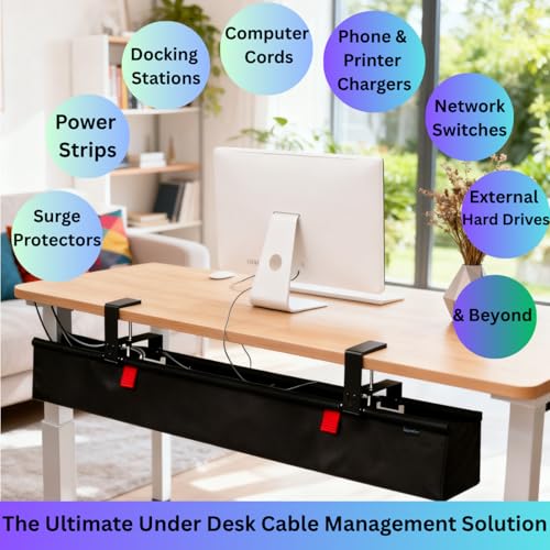 Under Desk Cable Management Tray, 36" Large No Drill Cord Organizer with Easy to Clean Oxford Fabric, Clamp On Power Stripe Holder for Home Office & Gaming Space to Hide Wires - size: Large (36 inch)