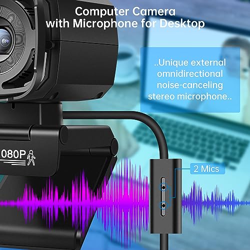 Auto Tracking Webcam: Full 1080P HD Computer Camera with Built-in 2 Microphones, Remote Control, Privacy Shutter, WDR, 73° View, External USB Web Cam, for Desktop PC Laptop
