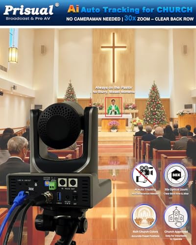 Prisual PTZ Camera Gen 5, 30X Optical Zoom Auto AI Tracking, HDMI 3G-SDI USB IP Streaming, 0.5 Lux for Church Live Streaming, Events, vMix, OBS. NDI upgradable, TEM-30S PRO - color: Gunmetal Gray