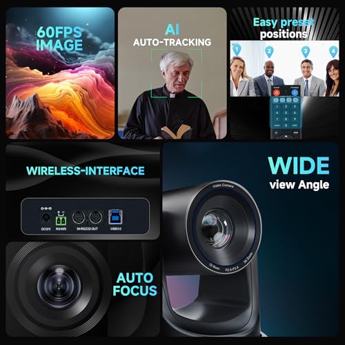TONGVEO Wireless AI PTZ Camera with Auto-Tracking: Built-in 5.8GHz Receiver for Cable-Free Setup, 1080P 60fps 3X Zoom Conference Camera for Church Services, Online Classes & Hybrid Meetings - color: Coal