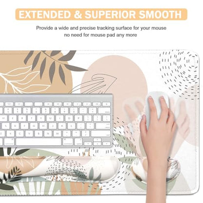 4-in-1 Large Mouse Pad, Keyboard Wrist Rest Pad & Wrist Support Mousepad Set, Extended Desk Pad Waterproof Desk Mat for Home Office Study Game - Leave - color: Leave