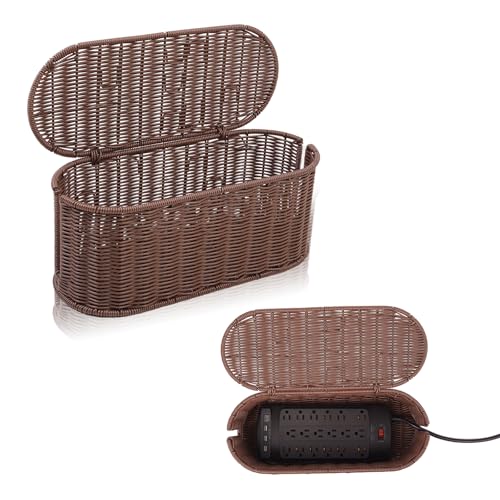 Cable Management Box, Handmade Rattan Cable Organizer, 2 Open Slots Cords Hider Box, Under Desk Cord Organizer for Computer Router USB Hub & Power Strip, 15.9" x 6.5" x 6.5", Brown - color: Brown