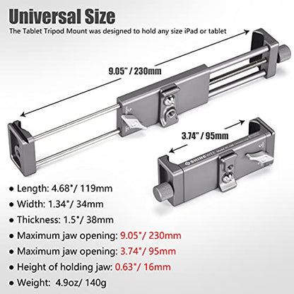 SHINEWEE Full Metal Tablet Tripod Holder - Compatible with iPad mini/Air/Pro | 1/4" Screw & Arca-Swiss Dovetail Mounts | Universal Tablet Clamp Adapter