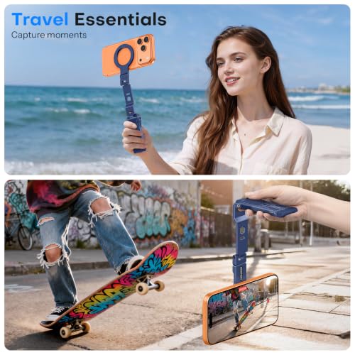 OMOTON TP03 [Ultra-Slim] for MagSafe Tripod, 360° Rotating Magnetic Phone Tripod for iPhone 17/16 Pro Max Air Women Men, Fold Cell Phone Stand with 1/4" Screw & Hook Fits Vlog, Live, Travel, Blue - color: Blue
