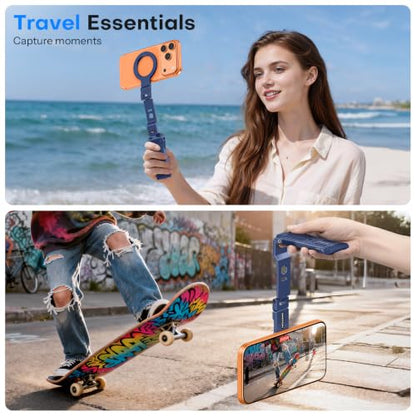 OMOTON TP03 [Ultra-Slim] for MagSafe Tripod, 360° Rotating Magnetic Phone Tripod for iPhone 17/16 Pro Max Air Women Men, Fold Cell Phone Stand with 1/4" Screw & Hook Fits Vlog, Live, Travel, Blue - color: Blue