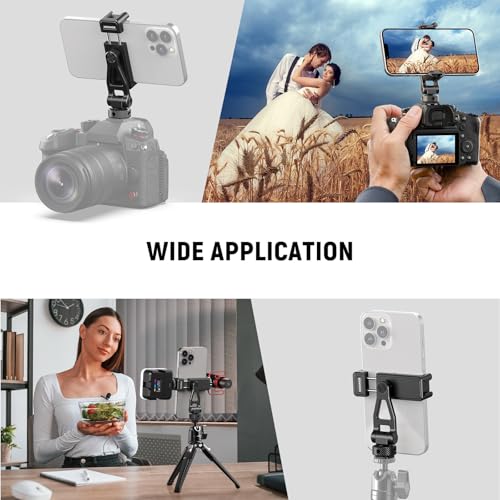 NEEWER Adjustable Phone Tripod Mount with Cold Shoe 1/4" Thread 180° Tilt 360° Rotation Cleaning Cloth Phone Clamp Holder Compatible with iPhone Samsung Android Camera Cage for Video Recording, GA010 - style: GA010 w/Cleaning Cloth