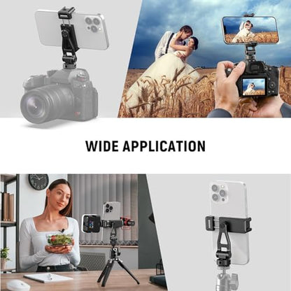 NEEWER Adjustable Phone Tripod Mount with Cold Shoe 1/4" Thread 180° Tilt 360° Rotation Cleaning Cloth Phone Clamp Holder Compatible with iPhone Samsung Android Camera Cage for Video Recording, GA010 - style: GA010 w/Cleaning Cloth