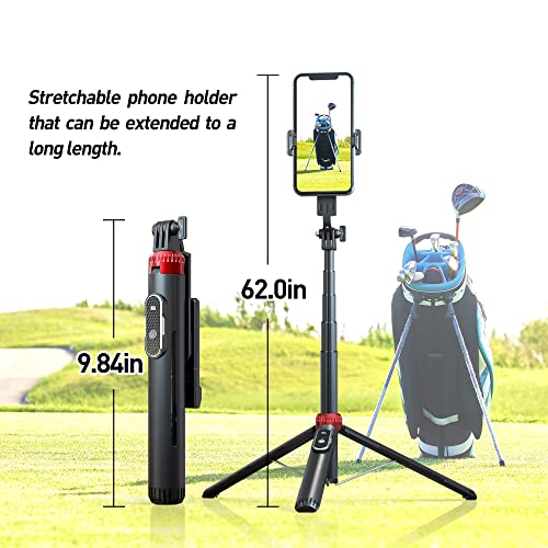 62" Phone Tripod & Selfie Stick for Golf Training, Extendable Cell Phone Tripod Stand with Wireless Remote and Phone Holder, Golf Training Aid - Compatible with iPhone Android iPhone