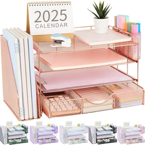 gianotter Desk Organizers and Accessories with File Holder, 4-Tier Desk Accessories & Workspace Organizers with Drawer and 2 Pen Holder, Paper Organizer for Office Supplies (Rose Gold) - color: Rose Gold