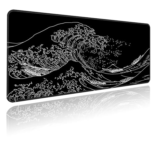 Gaming Mouse Pad Black Mouse Pad Japanese Kanagawa Large Mousepad Non-Slip Rubber Base with Stitched Edges for Gaming Office Home, 31.5x11.8 Inch - color: Sea Wave, size: 31.5L x 11.8W inches