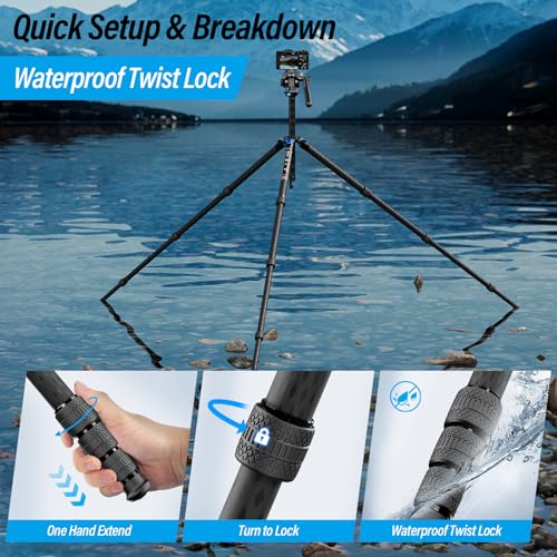 SIRUI AM-124 Carbon Fiber Tripod with AM-5VX Fluid Head, 65.6“ Compact Video Camera Tripod for Travel, Triangular Center Column, Side Loading QR Plate, Waterproof Twist Lock, Loads 6.6lbs - size: 65.6 inches