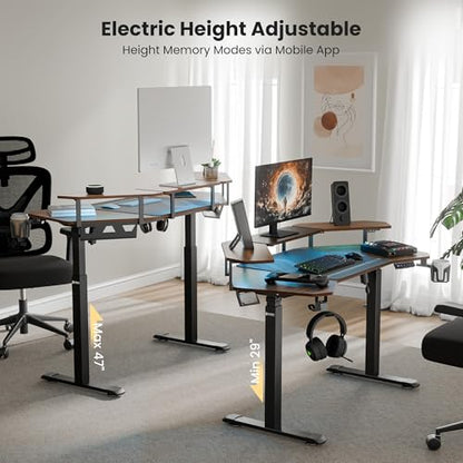 EUREKA ERGONOMIC Aero 55 Inch W Shaped Electric Standing Desk, Height Adjustable Computer Gaming Desk with LED Monitor Shelf, Mouse Pad, Headphone Hook, Cup Holder, Dark Walnut - color: Walnut, size: 55"W x 35"H-Adjustable