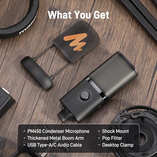 MAONO USB Condenser Microphone-Studio Mic with Shock Mount, Boom Arm, Software, Mute, Gain Knob, Volume Control for Streaming, Recording, Singing, Podcasting, Content Creation, Audiobooks-PM450