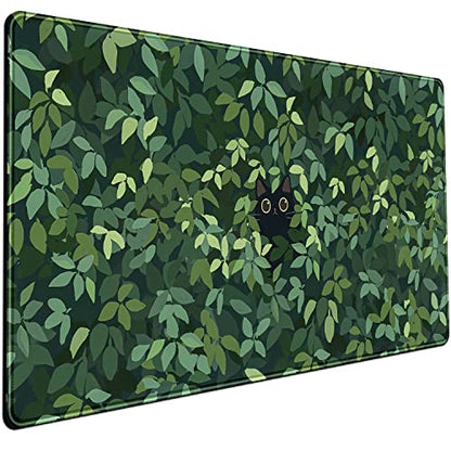 Cute Cat Kawaii Green Desk Mat - Large Gaming Mouse Pad & Keyboard Laptop Mat - Anime XL (31.5x15.7 in) - Non-Slip Base, Stitched Edges - color: Green Plants Black Cat