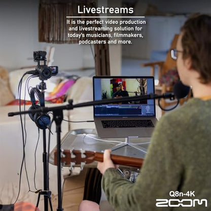 Zoom Q8n-4K Ultra HD Handy Video Recorder Bundle with 128GB microSDXC Card, Table Tripod Hand Grip, SLR Gadget Bag, USB Card Reader, Rechargeable Battery, Charger, and Microfiber Cleaning Cloth