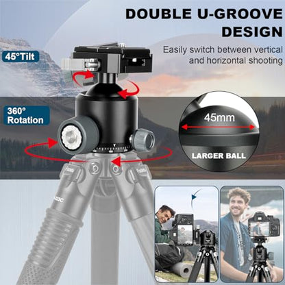 45mm Ball Head Aluminum Tripod Head 360° Rotating Panoramic Ballhead Compatible with Picatinny and Arca-Swiss for Hunting Shooting Tripod DSLR Camera, Max Load up to 44lb