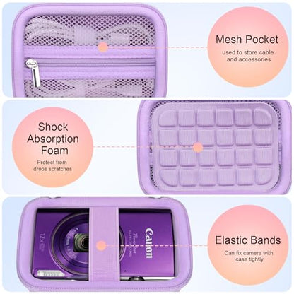 Elonbo Carrying Case for Canon PowerShot ELPH 360 HS A/ 360 HS/ 360/ IXY 650 Digital Camera, Canon PowerShot ELPH 330/190/160/115/130/110 Camera Hard Travel Bag, Mesh Pocket fits Battery Cable, Purple - color: Purple