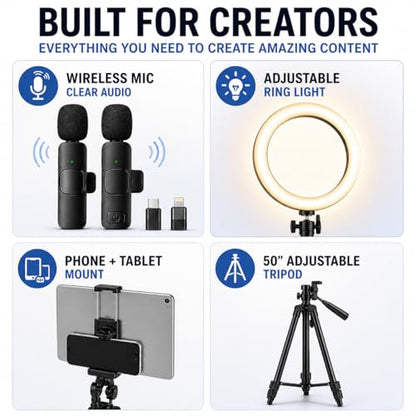 Acuvar Vlogging Kit with Ring Light Tripod – Content Creator Kit for iPhone, Android & Tablets, Microphone, Remote, YouTube & TikTok Starter Kit for Influencers