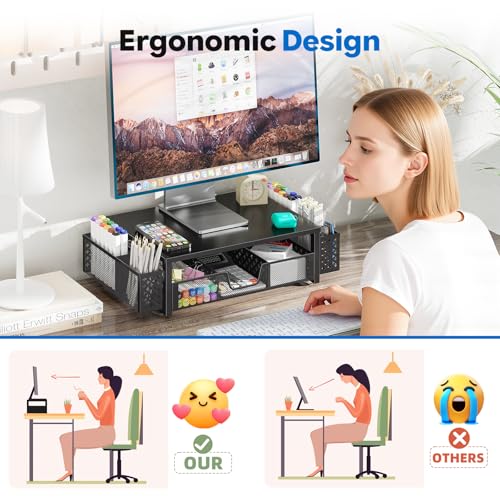 Simple Trending Desk Organizer and Accessories, 2-Tier Computer Monitor Stand Riser with Drawer & 2 Pen Holders, Office Desk Accessories & Workspace, Laptop & Printer Stand for Desktop, Black - size: 18.5"W x 9.5"D x 4.75"H