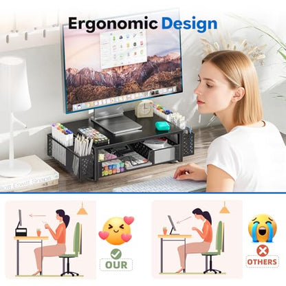 Simple Trending Desk Organizer and Accessories, 2-Tier Computer Monitor Stand Riser with Drawer & 2 Pen Holders, Office Desk Accessories & Workspace, Laptop & Printer Stand for Desktop, Black - size: 18.5"W x 9.5"D x 4.75"H