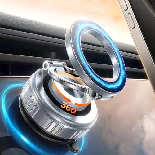 DIMONCOAT 2025 Upgraded 360° Rotation Vacuum Magnetic Phone Holder for Car,for Suction Cup Phone Mount Stand [109+LBS Strongest Suction & Magnetic] Adjustable Swivel Lock, for Your Car/Mirror - color: SILVER - 6X STABLE, size: For 4-7 Inch