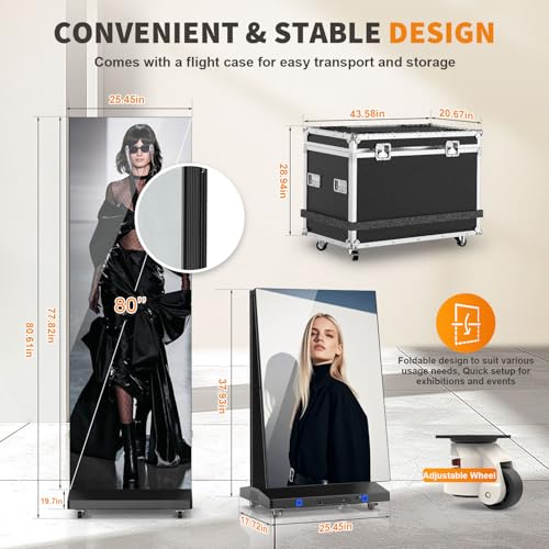 80" LED Digital Signage Display with Flight Case, P1.86 Foldable Spliceable LED Poster Screen Kiosk with Content Management System, WiFi/USB/HDMI for Events, Rentals & Commercial Use (Black, 2 Panel) - size: 2 Unit & Flight Case