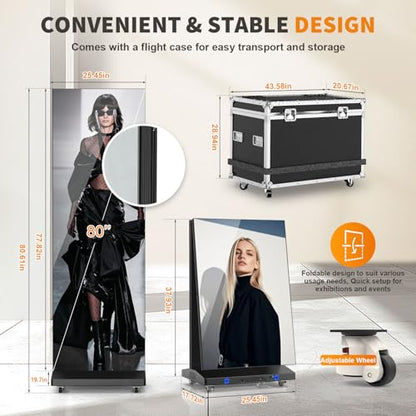80" LED Digital Signage Display with Flight Case, P1.86 Foldable Spliceable LED Poster Screen Kiosk with Content Management System, WiFi/USB/HDMI for Events, Rentals & Commercial Use (Black, 1 Panel) - size: 1 Unit & Flight Case