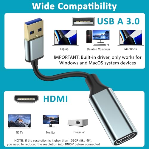 Herfair USB to HDMI Adapter USB A to HDMI Female Converter for Laptop/PC/Computer to 1080P Monitor TV Screen Projector, Support MacOS & Windows 11/10/8.1/8/7, Driver Install Required