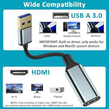 Herfair USB to HDMI Adapter USB A to HDMI Female Converter for Laptop/PC/Computer to 1080P Monitor TV Screen Projector, Support MacOS & Windows 11/10/8.1/8/7, Driver Install Required