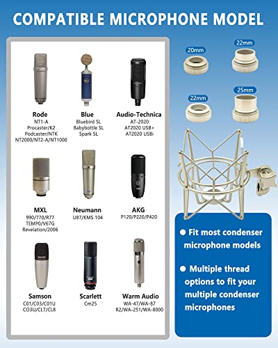 SUUNTOK AT2020 Shock Mount Universal Microphone Holder Spider Recording Mic Shockmount Stand Compatible with Many Condenser Mics Like Rode NT1-A NT2-A Procaster MXL 990 770 U87 (Champagne) - style: Champagne Compatible with AT2020