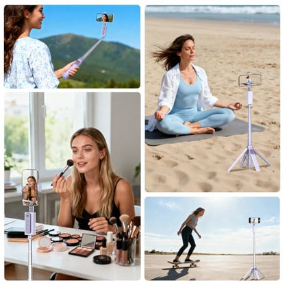 Funme 59'' Auto Face Tracking Tripod, 360° Rotation Selfie Stick for iPhone & Android with Wireless Remote, No App Required, Gesture Control for Vlog - color: Purple