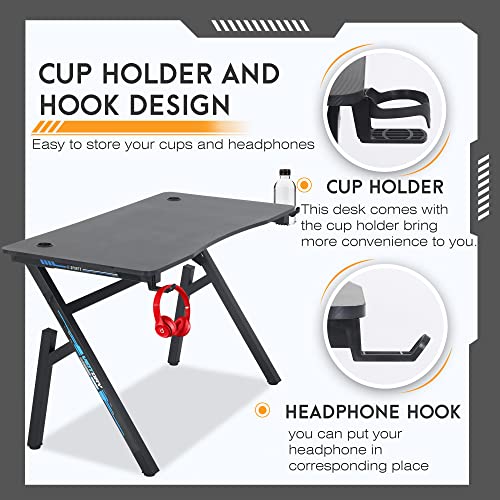 BestOffice | 47" Gaming Desk | Blue | Carbon Fiber Textured Computer Desk | Sturdy Steel Frame, Cup Holder, Headphone Hook, Cable Management Holes, Adjustable Leg Pads | for Gamers, Home, Office - color: Blue, size: 47 Inch R Shaped