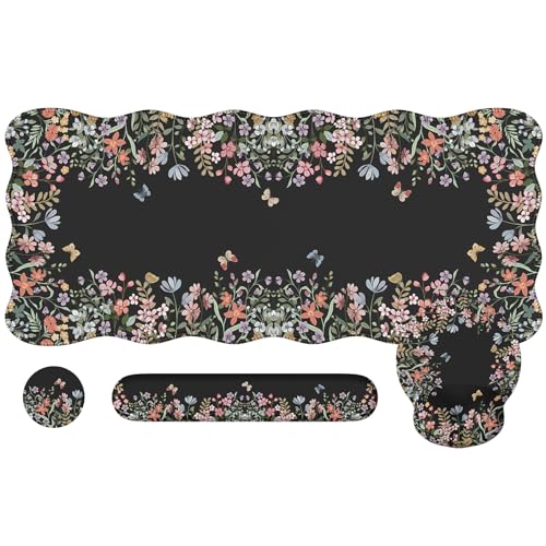 iCasso Desk Mat Set,Large Mouse Pad with Wrist Rest,Ergonomic Keyboard Wrist Support for Women,Girly Floral Computer Mat with Scalloped Edges,Non-Slip Desk Pad Home Office Gaming (Black) - color: Black
