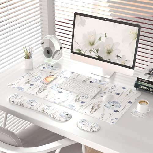 QIYI Leather Desk Mat Set, 4-in-1 Large Mouse Pad with Ergonomic Wrist Rest, Waterproof Desk Pad + Keyboard Wrist Rest + Mouse Wrist Support + Coaster, Non-Slip Office Gaming Accessories, Wildflowers - color: Watercolor Wildflowers