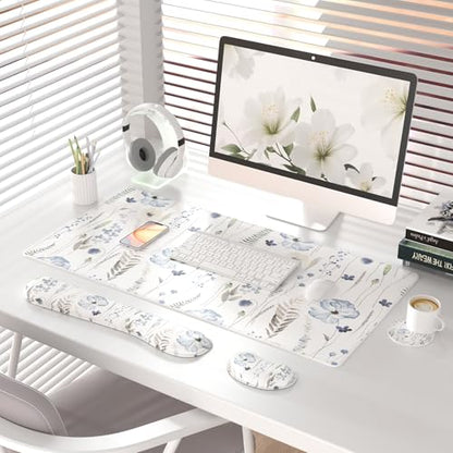 QIYI Leather Desk Mat Set, 4-in-1 Large Mouse Pad with Ergonomic Wrist Rest, Waterproof Desk Pad + Keyboard Wrist Rest + Mouse Wrist Support + Coaster, Non-Slip Office Gaming Accessories, Wildflowers - color: Watercolor Wildflowers